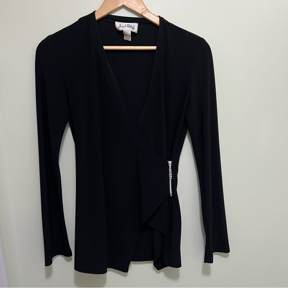 Joseph Ribkoff Black Long Sleeve w/ Asymmetrical Hem & Rhinestone Zip – Size 4